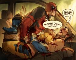 2boys ass bara beard bleeding blood blood_in_mouth blood_splatter blood_stain bluegiragi blush boots car_interior claws cum cum_on_body cum_on_hands cum_on_penis cuts deadpool deadpool_&_wolverine deadpool_&_wolverine_(2024) deadpool_(series) drooling english_commentary english_text facial_hair frottage gloves hand_on_another's_neck handjob handjob_over_clothes highres honda honda_odyssey impaled injury insult leg_lock male_focus marvel marvel_comics mask mask_lift mature_male multiple_boys muscular muscular_male mutual_handjob mutual_masturbation pectorals scar scars_all_over short_hair speech_bubble stab strangling superhero_costume teeth trembling violence wolverine_(x-men) x-men yaoi