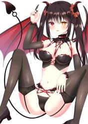 2d 2d_(artwork) ass belly_button black_hair breasts cosplay date_a_live demon_girl demon_horns demon_tail female female_only heterochromia light-skinned_female lingerie pointy_chin red_eyes socks solo solo_female succubus succubus_horns succubus_tail succubus_wings thighs tokisaki_kurumi twintails