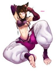 areola_slip armpits artist_name ass bangs barefoot black_hair bracelet breasts brekkist cameltoe capcom clothed detached_sleeves drill_hair drooling eyelashes feet female female_only fingerless_gloves gloves glowing_eye highres human juri_han large_breasts licking_lips looking_at_viewer midriff navel nipple_bulge perky_breasts pink_eyes pov_feet saliva sidelocks signature simple_background sitting skimpy soles solo spiked_bracelet street_fighter street_fighter_iv toeless_legwear toes toned tongue tongue_out twin_drills white_background