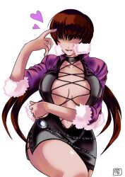 big_breasts big_breasts black_skirt cleavage cleavage_cutout female fishnets heart heart hearts_around_head jacket king_of_fighters light-skinned_female light_skin long_hair ponytail ponytails red_hair shermie_(kof) skirt tied_hair