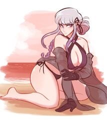 1girls absurdres beach bikini braid breasts cleavage danganronpa danganronpa_(series) female highres kirigiri_kyouko kneeling large_breasts light_purple_hair purple_eyes purple_hair scruffyturtles swimsuit veil