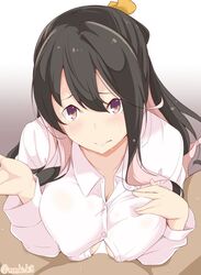 black_hair blush female kantai_collection kichihachi long_hair looking_at_viewer multicolored_hair naganami_(kantai_collection) paizuri paizuri_under_clothes pink_hair purple_eyes shirt twitter_username two-tone_hair wavy_mouth white_shirt