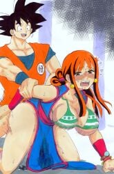 1boy 1girls bikini black_hair chichi chichi_(cosplay) chinese_clothes clothed_sex cosplay crossover doggy_style dragon_ball dragon_ball_z dress female fucked_from_behind fucked_silly fusion green_bikini jack123noob male nami_(one_piece) onami one_piece orange_hair potara_earrings qipao shounen_jump son_goku striped_bikini weekly_shonen_jump