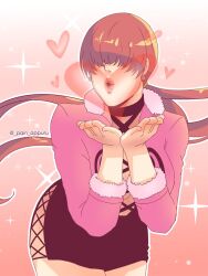 bending_forward bent_forward blowing_kiss covered_eyes cute female heart hearts_around_head king_of_fighters light-skinned_female light_skin long_hair red_hair shermie_(kof) skirt sparkles thick