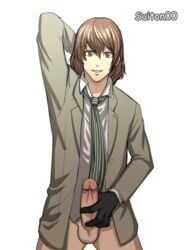 1boy bottomless brown_eyes brown_hair color erect_penis erection gay gloves goro_akechi hand_behind_head hand_on_penis human human_only long_hair looking_at_viewer male male_only masturbation megami_tensei no_pants partially_clothed penis penis_out persona persona_5 shirt simple_background smile solo suit suiton tie uncensored white_background