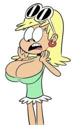 blonde_hair cleavage clothed colored earrings glasses_on_head huge_breasts leni_loud scobionicle99 the_loud_house white_background