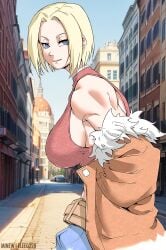 ai_generated belt big_breasts blonde_hair blue_eyes blue_mary elee0228 female jeans king_of_fighters light-skinned_female light_skin looking_back minew muscular muscular_female short_hair street tank_top