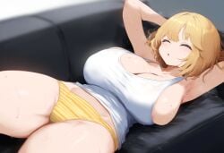 ai_generated big_breasts blonde_hair breasts cleavage closed_eyes hololive hololive_english hololive_myth huge_breasts large_breasts on_back on_couch panties sideboob striped_panties sweat tank_top thick_thighs virtual_youtuber vtuber watson_amelia yellow_panties