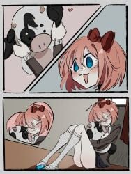 1girls 3koma :3 almonds_(almonddssss) ass big_ass blue_eyes blush bovine bow clothing cow_plush doki_doki_literature_club female female_focus female_only heart hug hugging_plushie just_sayori kneesocks light-skinned_female light_skin mr._cow_(doki_doki_literature_club) no_panties orange_hair plushie red_bow sayori_(doki_doki_literature_club) shoes short_hair skirt_lift smile smiling thick_thighs thighs