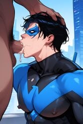 ai_generated batman_(series) big_pecs blowjob bodysuit cum cum_in_mouth dc dc_comics dick_grayson domino_mask gay head_grab male male_only man_boobs moobs muscular nightwing oral oral_sex pecs sucking_penis tom_ai yaoi