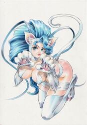 blue_eyes blue_hair capcom cat_ears cat_girl cat_tail catgirl claws darkstalkers felicia felicia_(darkstalkers) huge_breasts long_hair voluptuous white_fur