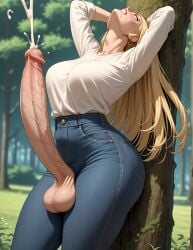 1futa ai_generated arms_up big_breasts blonde_hair boner boruto:_naruto_next_generations conniexx cum cumming cumshot curvaceous curvy dickgirl ejaculation female forest full-package_futanari futanari head_back hi_res high_resolution highres ino_yamanaka jeans large_breasts naruto naruto_(series) naruto_shippuden orgasm outside penis penis_out pony_diffusion_xl stable_diffusion teeth_clenched thick_thighs uncontrolled_orgasm veiny_penis white_shirt