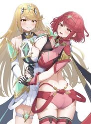 2girls absurdres ass blonde_hair breast_press breasts butt_crack cleavage core_crystal highres jpeg large_breasts multiple_girls mythra pyra red_eyes red_hair symmetrical_docking taro_(peach_taro51) xenoblade_(series) xenoblade_chronicles_2 yuri