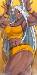 1girls 2d 2d_(artwork) anime athletic athletic_female big_breasts boku_no_hero_academia breasts butterja dark-skinned_female dark_skin female female_focus female_only long_hair looking_at_viewer manga miruko muscular muscular_female my_hero_academia rabbit_ears rabbit_girl red_eyes rumi_usagiyama sweat sweating thick_thighs thighs toned toned_female usagiyama_rumi white_background white_hair white_hair_female