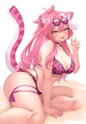 animal_ear_fluff animal_ears bangs bare_shoulders bikini black_nails blush breasts cat_ears cat_tail choker cleavage collarbone eyebrows_visible_through_hair eyewear_on_head female glasses hair_between_eyes hand_between_legs large_breasts long_hair looking_at_viewer nail_polish oerba_yun_fang open_mouth pink_bikini pink_hair pink_nails ponytail raora_panthera sidelocks sitting smile solo sunglasses swimsuit tail thighs white_background yellow_eyes