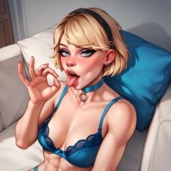 blonde_hair blowjob_gesture blue_lingerie gwen_stacy lingerie medium_breasts seductive spider-man:_across_the_spider-verse spider-man:_into_the_spider-verse spider-man_(series) tongue_out white_skin