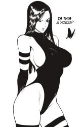 bare_arms bare_legs bare_shoulders bare_thighs big_breasts black_and_white black_hair clothed clothing color english_text female female_focus female_only greyscale hi_res large_breasts light-skinned_female light_skin long_hair marvel marvel_comics marvel_rivals mostlybluewyatt nipples_visible_through_clothing psylocke psylocke_(marvel_rivals) solo solo_female tagme text thick_thighs x-men