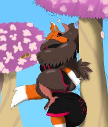 alythewolfcat ampelius animal_crossing anthro avian balls big_balls big_breasts big_bulge bird breasts bulge canid canine cherry_blossom chicken clothed clothed_sex clothing duo female flower fox galliform gallus_(genus) genitals hi_res huge_balls huge_breasts huge_bulge hyper hyper_balls hyper_breasts hyper_bulge hyper_genitalia leaning_on_tree male male/female mammal nintendo phasianid plant plucky_(animal_crossing) prunus_(flower) sex