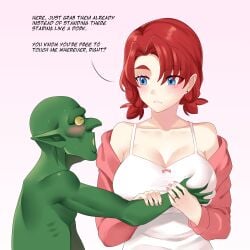 1boy 1girls anya_strider_(kuroe_prime) blue_eyes blush boob_squish clothed clothed_female clothed_female_nude_male clothing consensual goblin goblin_male green-skinned_male green_skin human human_female kuroe_prime learning light-skinned_female light_skin monster red_hair tagme teaching