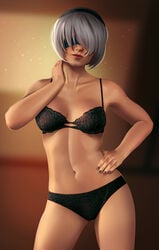 1girls blindfold bob_cut bra cleavage female female_only hairband hand_on_hip lingerie midriff navel nier nier:_automata short_hair solo underwear v1mpaler white_hair yorha_2b