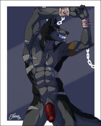 2017 5_fingers abs anthro balls black_fur black_nose canine chains eyebrows feralise fur grey_fur half-erect humanoid_penis male male_only mammal muscular nude penis red_eyes red_penis scar shackled shackles side_view simple_background standing stripes taggcrossroad wolf