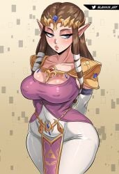 absurdres annoyed armor big_breasts blannis blannis_art blue_eyes blush breasts brown_background brown_hair cleavage closed_mouth collarbone cowboy_shot dress elf eyebrows eyelashes female female_focus gradient_background half-closed_eyes highres large_breasts lips loincloth long_hair long_pointy_ears looking_afar looking_to_the_side nintendo pointy_ears princess_zelda purple_dress shoulder_armor sidelocks simple_background solo standing the_legend_of_zelda the_legend_of_zelda:_twilight_princess tiara twilight_princess two-tone_dress white_dress wide_hips zelda_(twilight_princess)