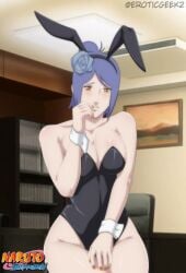 1girls amber_eyes bare_shoulders big_breasts blue_hair breasts bunny_ears bunny_girl bunnysuit collarbone curvaceous detached_sleeves embarrassed eroticgeek2 fake_animal_ears female_only finger_to_mouth hair_bun konan legs_together light-skinned_female light_skin makeup nail_polish naruto naruto_(series) naruto_shippuden piercing pinup playboy_bunny revealing_clothes sitting skimpy_clothes solo white_skin wide_hips