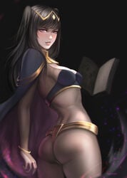 1girls absurdres ass black_hair blunt_bangs bodystocking bodysuit book bracelet breasts bridal_gauntlets clothed clothing commentary cowboy_shot english_commentary female female_focus female_only fire_emblem fire_emblem_awakening highres jewelry long_hair looking_at_viewer parted_lips purple_eyes ragecndy solo solo_female solo_focus standing tharja_(fire_emblem) tight_clothing twisted_torso two_side_up