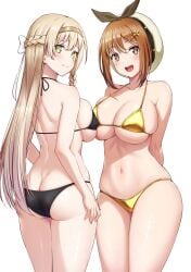 2girls absurd_res absurdres adult adult_female arm_behind_back arms_behind_back ass ass ass_cleavage atelier_(series) atelier_ryza atelier_ryza_1 back back-tie_bikini back-tie_swimwear bare_arms bare_back bare_belly bare_chest bare_hands bare_hips bare_legs bare_midriff bare_navel bare_shoulders bare_skin bare_thighs belly belly_button beret bikini bikini_bottom bikini_only bikini_top black_bikini black_bikini_bottom black_bikini_only black_bikini_top black_hair_ribbon black_hair_tie black_hairband black_ribbon black_string_bikini black_swimsuit black_swimwear blonde_eyebrows blonde_female blonde_hair blonde_hair blonde_hair_female blush blush_face blush_lines blushed_face blushing_at_viewer blushing_face blushing_female boobs_pressed braid braided_hair breast_press breast_press_on_chest breast_squeeze breasts breasts_press breasts_pressed_against_another breasts_pressed_against_partner breasts_pressed_together brown_eyebrows brown_eyes brown_eyes_female brown_hair brown_hair_female busty busty_female busty_girl butt_crack butt_crack_outline cleavage collarbone crown_braid curvy curvy_ass curvy_body curvy_female curvy_figure curvy_hips dot_nose elbows embarrassed embarrassed_exposed_female embarrassed_expression embarrassed_female embarrassed_nude_female exposed_arms exposed_ass exposed_back exposed_belly exposed_butt exposed_chest exposed_hips exposed_legs exposed_midriff exposed_navel exposed_shoulders exposed_skin exposed_thighs fair_skin female female_focus female_naked female_only fingernails fingers gold_bikini gold_bikini_bottom gold_bikini_top gold_string_bikini gold_swimsuit gold_swimwear green_eyes green_eyes_female groin hair_between_eyes hair_clip hair_clips hair_ornament hair_ornaments hair_ribbon hair_tie hairband hairclip hairclips half_naked half_nude hand_behind_back hands_behind_back hat head_tilt high_resolution highres hourglass_figure klaudia_valentz large_breasts lean_body lean_figure legs legs_closed legs_together light-skined_female light-skinned light-skinned_female light_skin light_skin_female light_skinned light_skinned_female long_hair looking_at_viewer looking_back looking_back_at_viewer mature mature_female mibushiro midriff multiple_females multiple_girls naked naked_female naked_woman narrow_waist navel nervous nervous_expression nervous_face nervous_female nervous_smile nervous_sweat nude nude_female nudity open_mouth open_mouth_smile pale pale-skinned_female pale_skin pale_skinned_female parted_lips partially_naked pressing_breast_on_partner pressing_breasts pressing_breasts_together pushing_breasts_together reisalin_stout ribbon semi_nude shiny_breasts shiny_hair shiny_legs shiny_shoulders shiny_skin shiny_thighs shoulders shy shy_expression shy_smile sideboob sidelocks simple_background slender_body slender_waist slim_girl slim_waist smile smiley_face smiling smiling_at_viewer smooth_skin squeezing_breast squeezing_breasts squeezing_breasts_together standing string_bikini swimsuit swimwear thick_ass thick_thighs thighs thin_waist tilted_head tongue underboob upper_body upper_teeth v-line white-skinned_female white_background white_beret white_hair_ribbon white_hair_tie white_hat white_ribbon white_skin white_skinned_female wide_hips