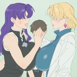 2girls bouncing_breasts breast_press breast_squeeze breast_to_breast huge_breasts jiggling_breasts misato_katsuragi neon_genesis_evangelion onsen_tamago_(hs_egg) purple_hair ritsuko_akagi