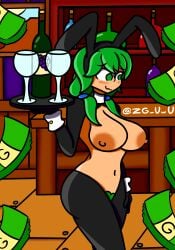 artist_name bar big_ass big_breasts big_butt big_thighs blush boobs_out breasts_out bunny_ears caroline_(stardew_valley) detailed_background gloves green_eyes green_hair hi_res highres loadsamoney milf money nervous nervous_smile pasties reverse_bunnysuit stardew_valley tavern thighhighs waitress wine_bottle wine_glass zg_uwu