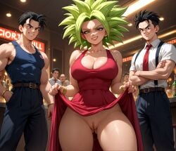 1girls 2boys ai_generated big_breasts cleavage conniexx curvaceous curvy dominant_female dragon_ball dragon_ball_super dragon_ball_z dress_lift evil_grin female green_hair hi_res high_resolution highres kefla kefla_(dragon_ball) large_breasts pink_dress pony_diffusion_xl pussy small_waist spiky_hair stable_diffusion thick_thighs vagina wet wet_pussy