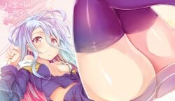 aged_up ass_visible_through_thighs bare_shoulders blue_hair blush body_blush breasts brown_eyes clothes_pull collarbone hews_hack japanese_text legs_up long_hair no_bra no_game_no_life off_shoulder parted_lips purple_thighhighs shiny_skin shiro_(no_game_no_life) skirt small_breasts thick_thighs thighhighs thighs zettai_ryouiki