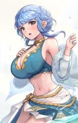 1girls absurdres bare_shoulders big_breasts bikini blue_hair blue_nails blush braid breasts brown_eyes cleavage female fire_emblem fire_emblem:_three_houses fire_emblem_heroes french_braid gonzarez highres large_breasts light_blue_hair marianne_von_edmund marianne_von_edmund_(summer) navel open_mouth shawl swimsuit white_background