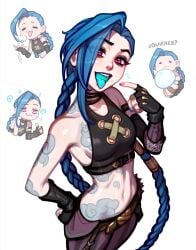 blue_hair blushypixy blushyspicy clothed glowing_mouth human jinx_(league_of_legends) league_of_legends light-skinned_female light_skin looking_at_viewer magenta_eyes open_mouth pink_eyes riot_games small_breasts standing tattoo tattoos three-quarter_portrait twintails