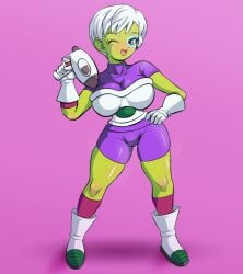 battle_armor battle_armor_(dragon_ball) bigduck cheelai curvy curvy_figure dragon_ball dragon_ball_super female frieza_army_armor frieza_battle_armor green_body green_skin scouter short_hair tagme tinted_eyewear white_hair