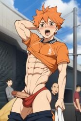 abs ai_generated blush brown_eyes cock erection haikyuu!! male_only navel nipples open_mouth orange_hair pubic_hair public_exposure public_indecency public_nudity saliva saliva_trail shoyo_hinata sweat towel uncensored underwear volleyball_uniform