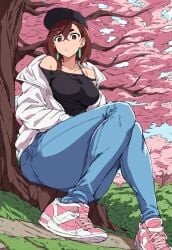 ai_generated ayase_momo baseball_cap black_headwear blue_clothing blue_jeans bottom_heavy cap clothed_female clothing dandadan footwear headwear hourglass hourglass_figure jacket jeans light_blue_clothing light_jeans loitering outside pink_footwear running_shoes sitting smiling smug sneakers thighs thunder_thighs tight_clothing tight_jeans touching_grass was