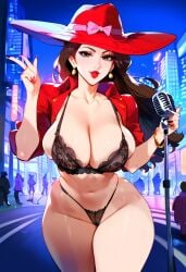 2d ai_generated big_breasts black_bra black_panties bra brown_hair female female_focus female_only hat lipstick long_hair mario_(series) night outdoors panties pauline solo solo_female solo_focus super_mario_odyssey tagme