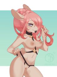 5_fingers anthro blue_eyes charmrage eyelashes female hair lagomorph mammal pink_hair pussy rabbit simple_background smile solo wide_hips