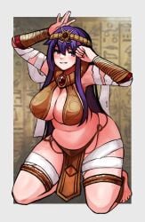 butterflan01 chubby chubby_female doki_doki_literature_club egyptian egyptian_clothes egyptian_mythology looking_at_viewer mummy mummy_costume mummy_wrappings on_knees yuri_(doki_doki_literature_club)