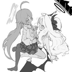 2girls ahoge blue_archive blush clothed_sex creepy_hound_(edne5377) flat_chest from_side futa_with_female futanari greyscale halo hina_(blue_archive) horns hoshino_(blue_archive) invisible_chair long_hair long_sleeves monochrome multiple_girls multiple_horns necktie nipples no_shoes open_mouth pantyhose sex shirt simple_background sitting skirt sleeveless sleeveless_shirt smile socks straddling upright_straddle white_background wings