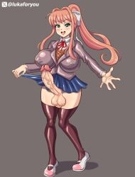 1futa 5_fingers balls bangs big_breasts blazer blue_skirt blush blush_lines bow breasts brown_hair brown_sweater bulge bulge_through_clothing bulge_under_clothes clothed clothed_female clothes_pull clothing collared_shirt commission commission_art dickgirl doki_doki_literature_club erect erect_penis erection full_body futanari giant_penis gray_background green_eyes hair_intakes hair_ribbon holding_object huge_breasts huge_cock human ineffective_clothing ineffective_skirt large_penis lifting_skirt light-skinned_futanari light_brown_hair light_skin lips long_penis looking_at_viewer lukaforyou monika_(doki_doki_literature_club) more_at_source mostly_clothed neck_ribbon nipple_bulge nipples open_mouth orange_hair partially_clothed pillow_shading pleated_skirt ponytail red_ribbon rubber_clothing school_uniform shirt short_skirt sidelocks skirt smile smiling smiling_at_viewer standing thighhighs veiny veiny_penis white_bow white_ribbon white_shirt