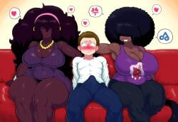 1boy 2girls afro ai_generated anger_symbol big_breasts big_hair brinne curvy dark-skinned_female dark_skin ebony erection erection_under_clothes female heart huge_breasts imminent_sex interracial light-skinned_male long_hair male mullon nervous novelai original original_character pictographics sisters smile spoken_heart top-heavy very_long_hair voluptuous