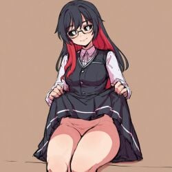 1girls ai_generated black_hair black_sclera black_skirt black_vest clothes_pull colored_inner_hair glasses large_ass large_breasts looking_at_viewer multicolored_hair no_panties oc_(osmondai) original original_character osmondai pleated pulled_by_self red_hair skirt skirt_lift smile solo stable_diffusion thick_thighs two_tone_hair vest white_eyes wide_hips wren_ulysses