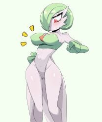 :< absurdres ass bare_shoulders blush bob_cut breasts cleavage closed_mouth colored_skin covered_erect_nipples covered_navel creatures_(company) elbow_gloves female female_focus game_freak gardevoir gen.fleur gen_3_pokemon gloves gluteal_fold green_background green_gloves green_hair groin hair_over_one_eye hand_up highres large_breasts legs leotard looking_down multicolored_leotard nintendo notice_lines one_eye_covered pokemon pokemon_(creature) raised_eyebrows red_eyes shiny_skin short_hair simple_background solo split_mouth standing strapless strapless_leotard thighs white_skin wide_hips