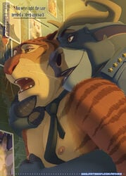 2boys anhes anthro bovine buffalo chief_bogo clothing disney feline gay male male_only mammal nipples pecs tiger tiger_dancer_(zootopia) yaoi zootopia