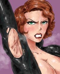 1girls armpit_fetish armpits arms_up badlandblack black_widow_(marvel) blue_eyes bodysuit breasts clothed female human lipstick makeup marvel natasha_romanoff orange_hair short_hair smell solo sweat sweaty