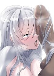 blush breasts censored cinderella_(nikke) commander_(nikke) dark-skinned_male dark_skin goddess_of_victory:_nikke grey_eyes grey_hair harbi heart-shaped_pupils huge_breasts light-skinned_female light_skin mosaic_censoring open_mouth penis symbol-shaped_pupils tagme