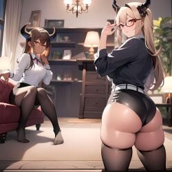 2girls ai_generated ass ass_focus belt big_breasts blonde_female blonde_hair blonde_hair_female brown_body brown_hair brown_skin brunette_hair butt_focus clothed clothing couch dark-skinned_female dark_skin demon demon_girl demon_horns fat_ass female female_focus female_only glasses glowing_eyes horns long_hair long_sleeves looking_at_viewer looking_back looking_back_at_viewer nervous nervous_expression nervous_face office office_lady red_eyes shorts sitting standing stockings succubus succubus_horns thee_voiidness tight_clothes tight_clothing tight_fit